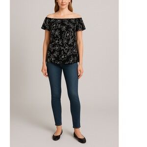 White House‎ Black Market Off Shoulder Floral Top Black White Women's Size Small